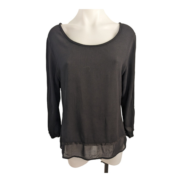 Christine Damen Size Small Sheer Hem Shirt Blouse Black 100% Rayon Long Sleeves - Picture 1 of 11